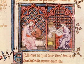 Ms 1044 Fol.16v Ordet, världens skapare och författaren som skriver sin bok, från Ovide Moralise skriven av Chretien Legouais