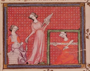 Ms 1044 f.101 Women Spinning Wool, från Ovide Moralise skriven av Chretien Legouais