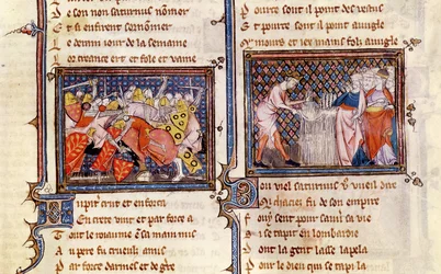 Ms 1044 fol.20 Jupiter kontra Saturnus: Saturnus lär lombarderna hur man använder en skära, från Ovide Moralise skriven av Chretien Legouais