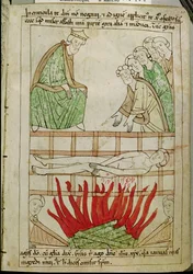 Ms 108 fol.213 The Martyrdom of St. Lawrence år 258 AD, från en bibel