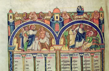 Ms 10 f.128v Evangelisternas kanon, detalj som skildrar Kristus som botar mannen med vattusot och driver ut demoner från en besatt man, från en latinsk bibel