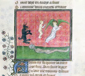 Ms 1130 Soul lämnar kroppen åtföljd av en ängel, miniatyr från Le Livre des Proprietes des Choses av Barthelemy lAnglais