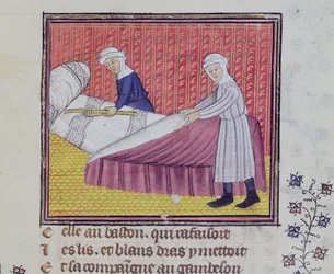 Ms 1130 fol.83r Kyskhet och fattigdom att bädda en säng, från Le Roman des Trois Pelerinages av Guillaume de Digulleville