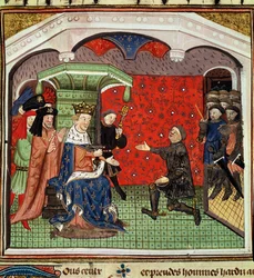 Fru 1142 fol.4 Bertrand du Guesclin (ca 1320-80) inför Karl V (1338-80) och hans hov
