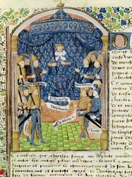 Ms 1151 f.1 Charles VII (1403-61) Omgiven av sitt hov och Jeanne d