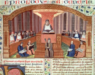 Ms 129 f.32 En lektion i teologi vid Sorbonne, från Postilles sur le Pentateuch, illustration till text skriven av Nicolas de Lyre