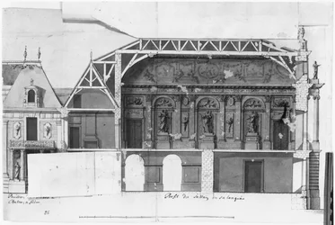 Ms 130736 Syd-nord tvärsnitt av Grand Salon och Salle de Diane i Chateau de Versailles konstruerad av Louis Le Vau ((1612-70) (wc på papper)