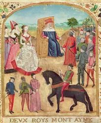Ms 1335 f.1 Margaret av York presenteras för sin blivande make, Karl den Djärve den 27 juni 1468 i Damme