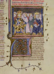 Ms. 13, fol. 232: Kröningen av Ludvig IX (1214/15-70) och troligen Fredrik II (1194-1250), ur ett psalterium av Pierre Lombard, tidigt 1400-tal