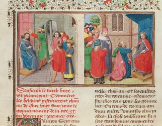 Ms 149 t.1 fol.108v Hur belgarna väljer en hertig, från Histoire des Nobles Princes de Hainaut, av Jacques de Guise