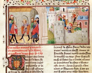 Ms 149 t.1 fol.16 Ett avtal och byggandet av ett slott, från Histoire des Nobles Princes de Hainaut, av Jacques de Guise