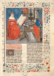 Ms 149 t.1 fol.4 Porträtt av författaren, från Histoire des Nobles Princes de Hainaut, av Jacques de Guise