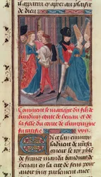 Ms 149 t.3 fol.105 Äktenskap mellan Baldwin VI och Marie, dotter till greven av Champagne, från Histoire des Nobles Princes de Hainaut, av Jacques de Guise