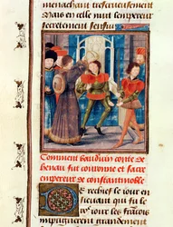 Ms 149 t.3 fol.183v Hur Baldwin I (1171-1205) Sjätte greve av Hainaut kröntes till kejsare av Konstantinopel 1204, från Histoire des Nobles Princes de Hainaut, av Jacques de Guise