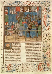 Ms 149 t.3 fol.82 En turneringsscen, från Histoire des Nobles Princes de Hainaut, av Jacques de Guise
