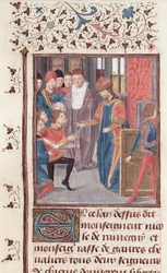 Ms 149 t.3 fol.95v Utnämning av två riddare, från Histoire des Nobles Princes de Hainaut, av Jacques de Guise
