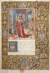 Fru 1581 f. 001 Flavius Josephus i sin studie, illustration till prologen av judarnas antikviteter (Antiquitates Judaicae) av Flavius Josephus, c.1503