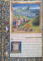 Fru 1581 f. 108v Illustration från bok VI (Från Elis död till Sauls död), kapitel 1 i judarnas antikviteter (Antiquitates Judaicae) av Flavius Josephus - Förstörelsen som kom