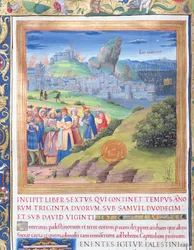 Fru 1581 f. 108v Illustration från bok VI (Från Elis död till Sauls död), kapitel 1 i judarnas antikviteter (Antiquitates Judaicae) av Flavius Josephus - Förstörelsen som kom