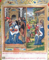 Fru 1581 f. 154 Illustration från bok VIII (Från Davids död till Ahabs död), kapitel 1 i Judarnas antikviteter (Antiquitates Judaicae) av Flavius Josephus - Hur Salomo, när han