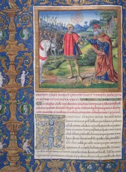 Fru 1581 f. 178v Illustration från bok IX (Från Ahabs död till de tio stammarnas fångenskap), kapitel 1 i judarnas forntid (Antiquitates Judaicae) av Flavius Josephus - kung Jeho