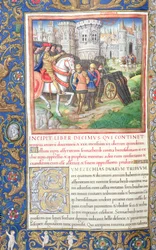 Fru 1581 f. 195v Illustration från bok X (från de tio stammarnas fångenskap till Cyrus första år), kapitel 1 i judarnas antikviteter (Antiquitates Judaicae) av Flavius Josephus Sennac
