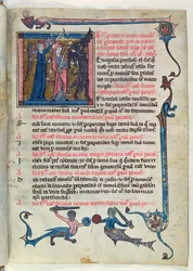 Ms 16261 fol.13v St. Genevieve kämpar mot en demon med hjälp av en ängel, från Censier de lAbbaye Sainte-Genevieve