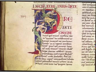 Ms 173 Historikert initial P som visar kentaurer, drakar och monster, från Moralia i Job av påven Gregorius den store