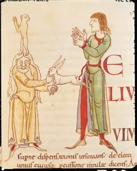 Ms 173 f.66r Initial H i form av två trollkarlar, från Moralia i Job av påven Gregorius den store, Burgundiska skolan
