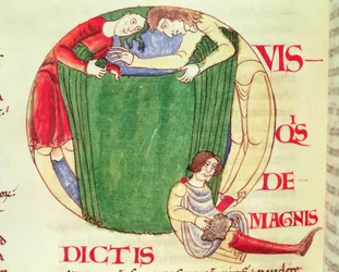Ms 173 fol.92v Historikerad initial Q som visar draperier, från Moralia i Job av påven Gregorius den store, Burgundiska skolan
