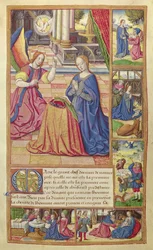Ms 17 fol.2 The Annunciation and the Childhood of Christ, från Vie des Femmes Celebres, c.1505