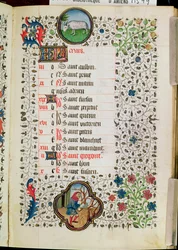 Fru 19 mars: Vädur och en man som fäller träd, från en timbok, tidigt 1400-tal