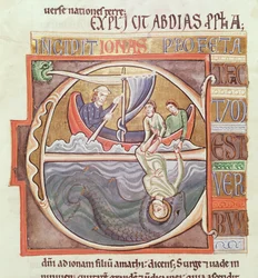 Ms 1 Fol.196v Historikerad initial E föreställande Jona kastad i havet, från Souvigny-bibeln, sent 1100-tal