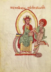 Ms. 1 Fol 111v Saint John springer för att ta emot evangeliet från Kristus, sittande i en mandorla, miniatyr från Evangeliet från Saint-Michel-de-Cuxa, ca 1070-1130