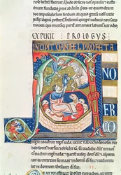 Ms 1 fol.185v Historikerad initial A föreställande Daniel i lejonhålan, från Souvigny-bibeln