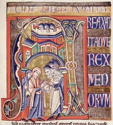 Ms 1 fol.292 Historikerad initial föreställande Judith med huvudet av Holofernes, från Souvignybibeln
