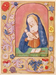 Ms 20 fol.42v Jungfrun och barnet leker med ett radband, från en timbok, tidigt 1400-tal