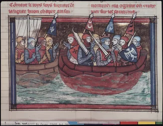 Ms 22495 fol.287 Ombordstigning för utlandet, från Le Roman de Godefroi de Bouillon, 1337