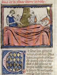 Ms 22 fol.30 Tvillingarnas födelse Jakob och Esau, miniatyr från Bibeln Historiale av Guiart des Moulins