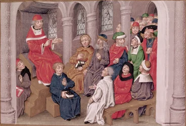 Ms 230 fol.25 Jean de Gerson (1363-1429) predikar passionen efter middagen i Church of St. Bernard, Paris, från Sermons sur la Passion et Traites Divers, ca 1480