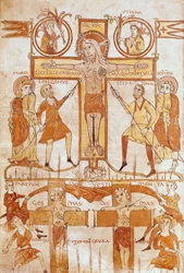 Ms 24 fol.7v Korsfästelsen och uppdelningen av Frälsarens kläder, från ett evangelium