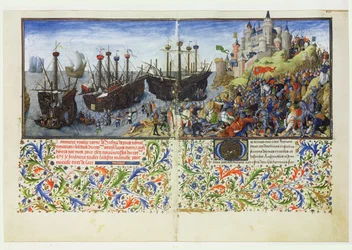 Ms 2617 Amazonas slott belägras av Theseus, hertig av Aten, från La Teseida, av Giovanni Boccaccio (1313-75) 1340-41