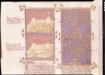 Ms 290 Tome 1 f.89v Tabell över offergåvor och menoran, från Postilles sur la Bible av Nicolas de Lyre