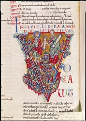 Ms 2 fol.41v Historik inledning V som visar en scen från Tredje Moseboken, från St. Benigne-bibeln