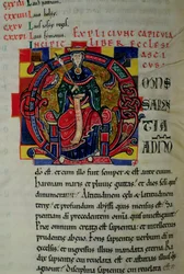 Ms 2 fol.8 Historikerad initial O som visar en visdomsfigur, från St. Benigne-bibeln
