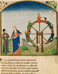 Ms 3045 fol.22v Boethius med lyckohjulet, från Filosofins tröst, översatt av Jean de Meung