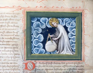 Ms 313 Gud skapar världen, miniatyr ur Bibeln des Grands Augustins, 1494