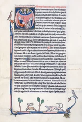 Ms 3458, historisk initial O som föreställer den antika grekiske filosofen Aristoteles, som undervisar en grupp präster från Västeuropa och pekar uppåt mot Gud i himlen (penna & bläck och tempera