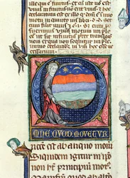 Ms 3469 Kristus håller en jordglob med de fyra elementen, från Physics av Aristoteles (384-322 f.Kr.) (penna, bläck och tempera på veläng)