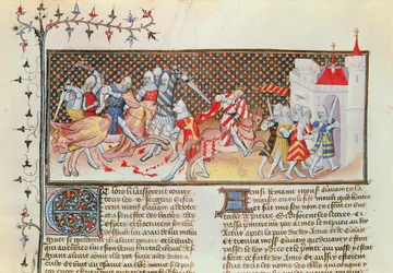 Ms 3479 t.1 fol.558 Scen med riddare som slåss, från Livre de Messire Lancelot du Lac